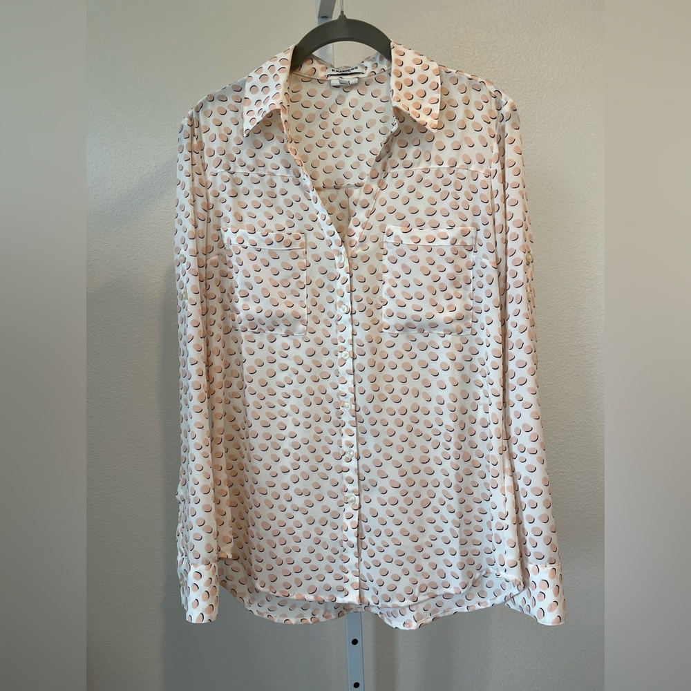 Express White and Brown Polka Dot Button-Down Shirt